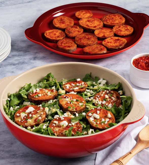 Harissa Roasted Sweet Potato Rounds with Arugula, Honey and Feta